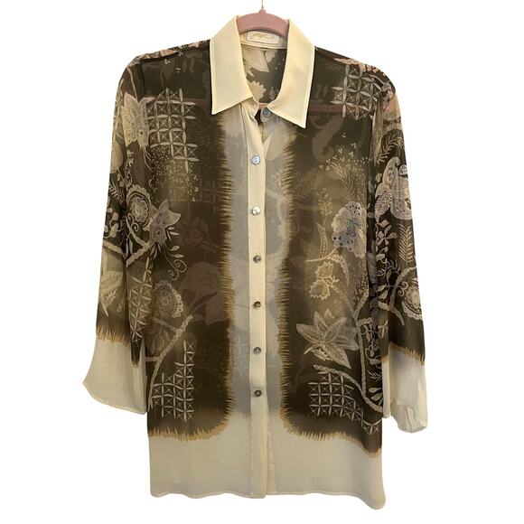 Gottex 100% Silk Blouse Medium Button Cream Olive Floral Asian Resort Tunic - Picture 1 of 15
